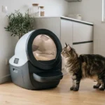Self cleaning litter box for large cats in a modern home
