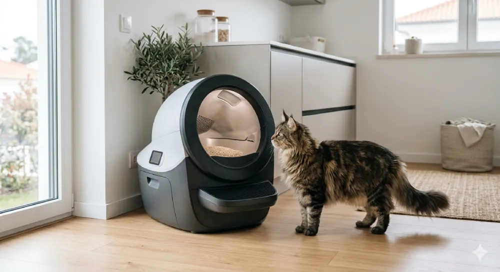 Self cleaning litter box for large cats in a modern home