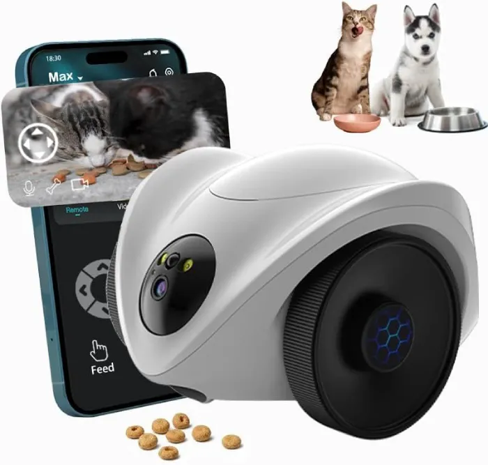 Robot dog camera with one-tap treat dispensing